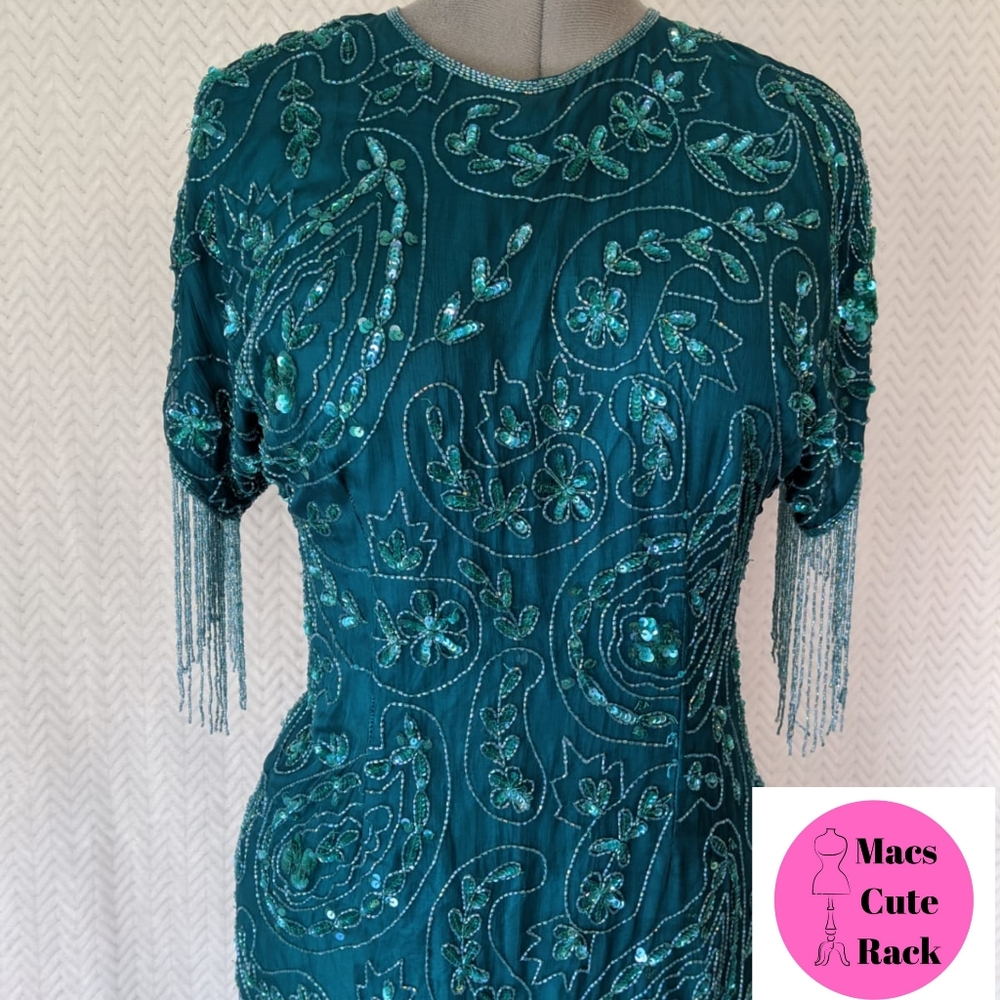 Vintage Laurence Kazar Teal Beaded Dress